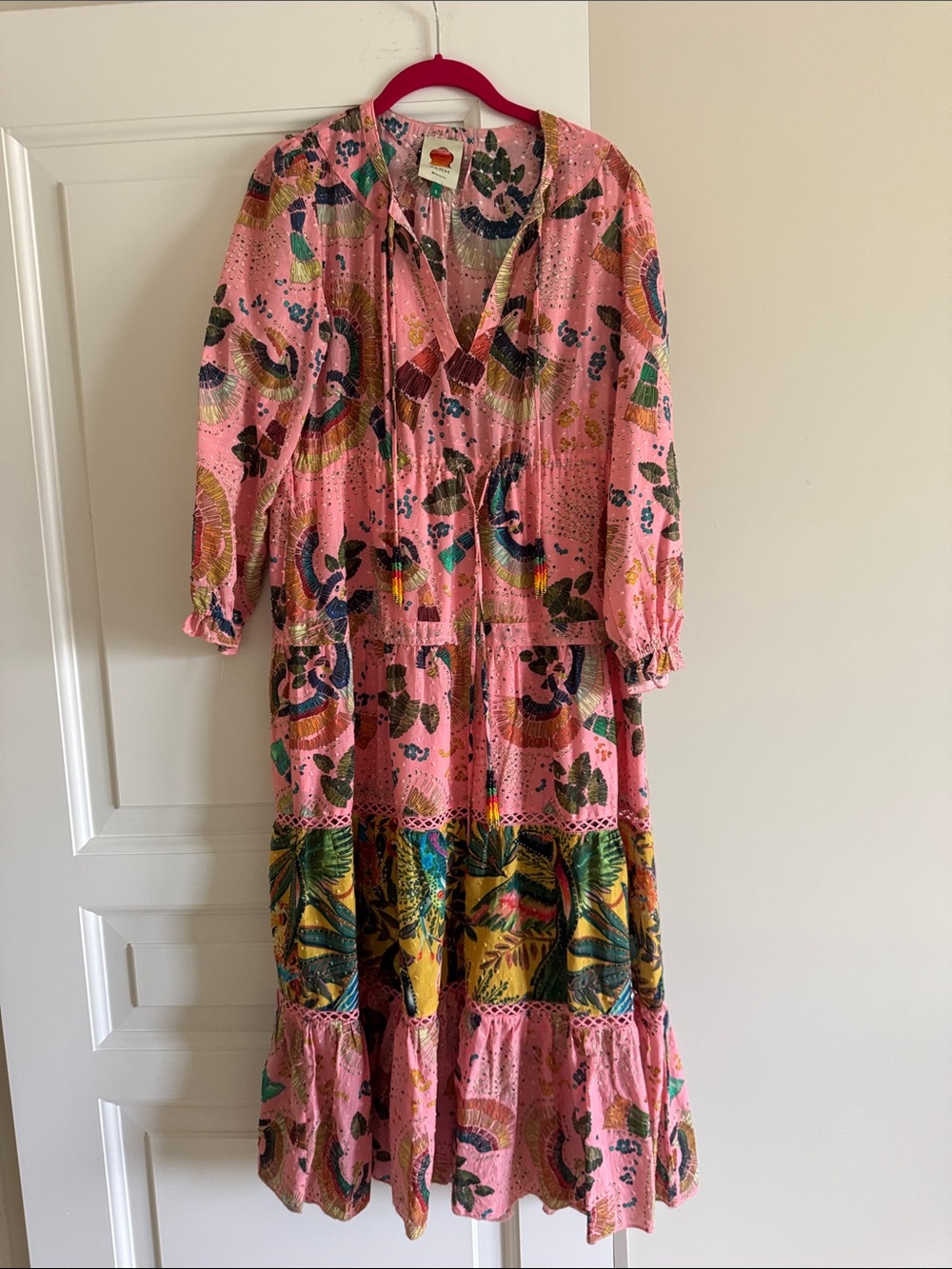 Boho Pink Floral Tiered Midi Dress size S